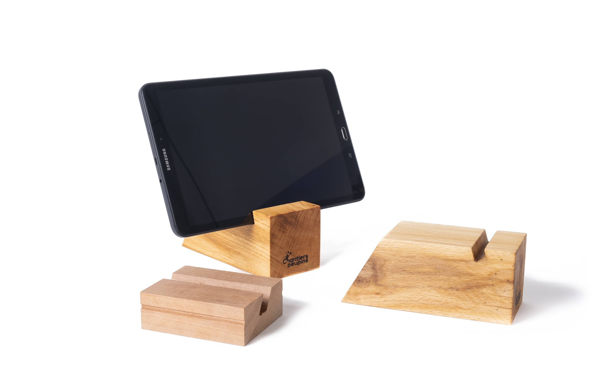 support tablette téléphone rainure objets bois réemploi chantiers peupins